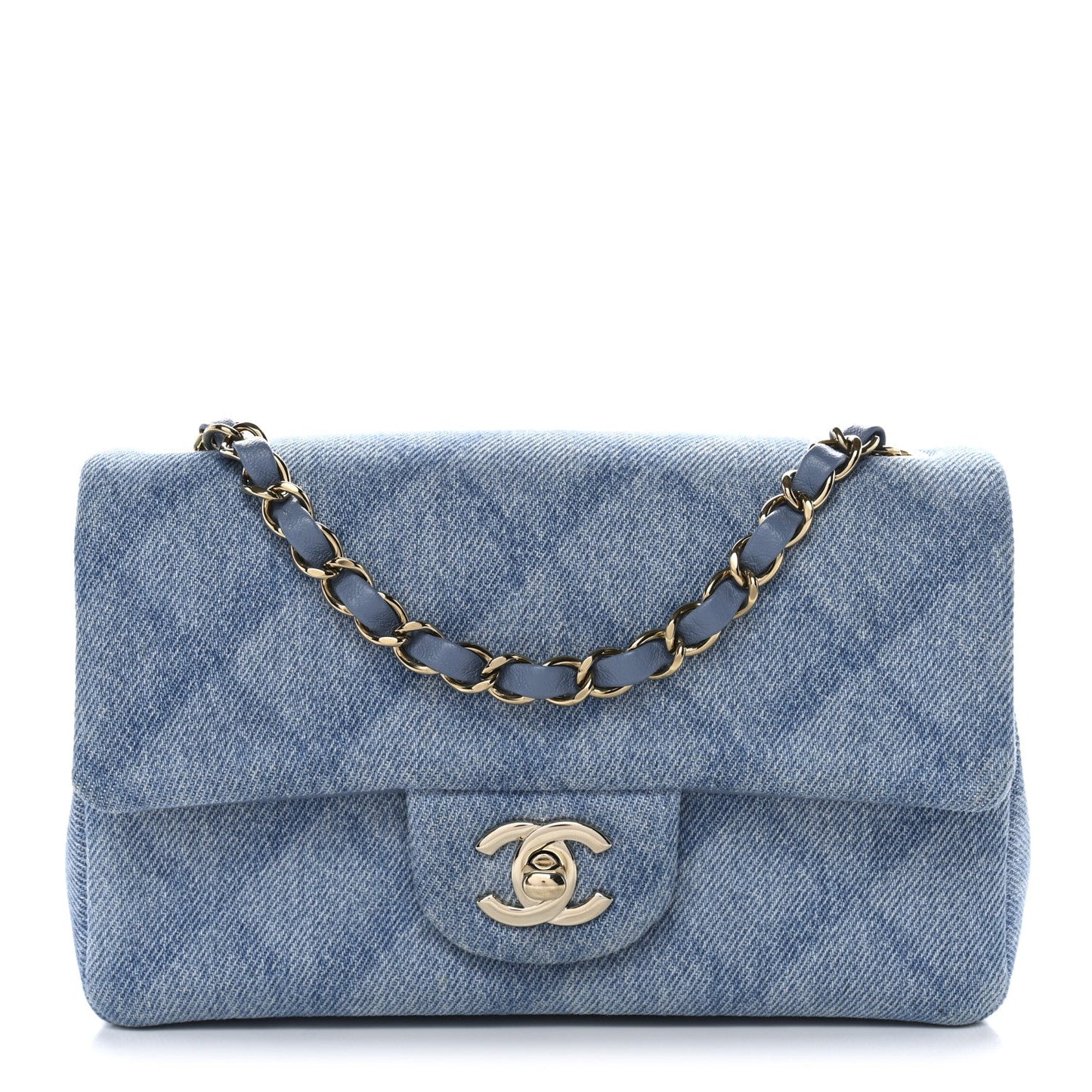 Printed Denim Quilted Mini Rectangular Flap Light Blue
