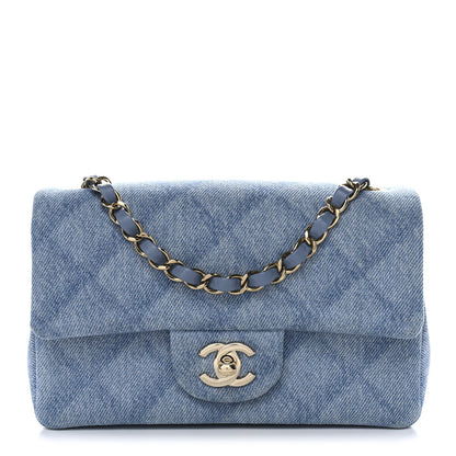 Printed Denim Quilted Mini Rectangular Flap Light Blue