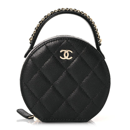 Caviar Quilted Round Top Handle Jewelry Case With Chain Black