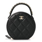 Caviar Quilted Round Top Handle Jewelry Case With Chain Black