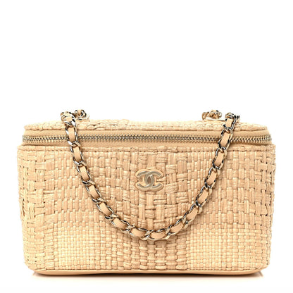 Braided Raffia Top Handle Slim Vanity Case With Chain Beige