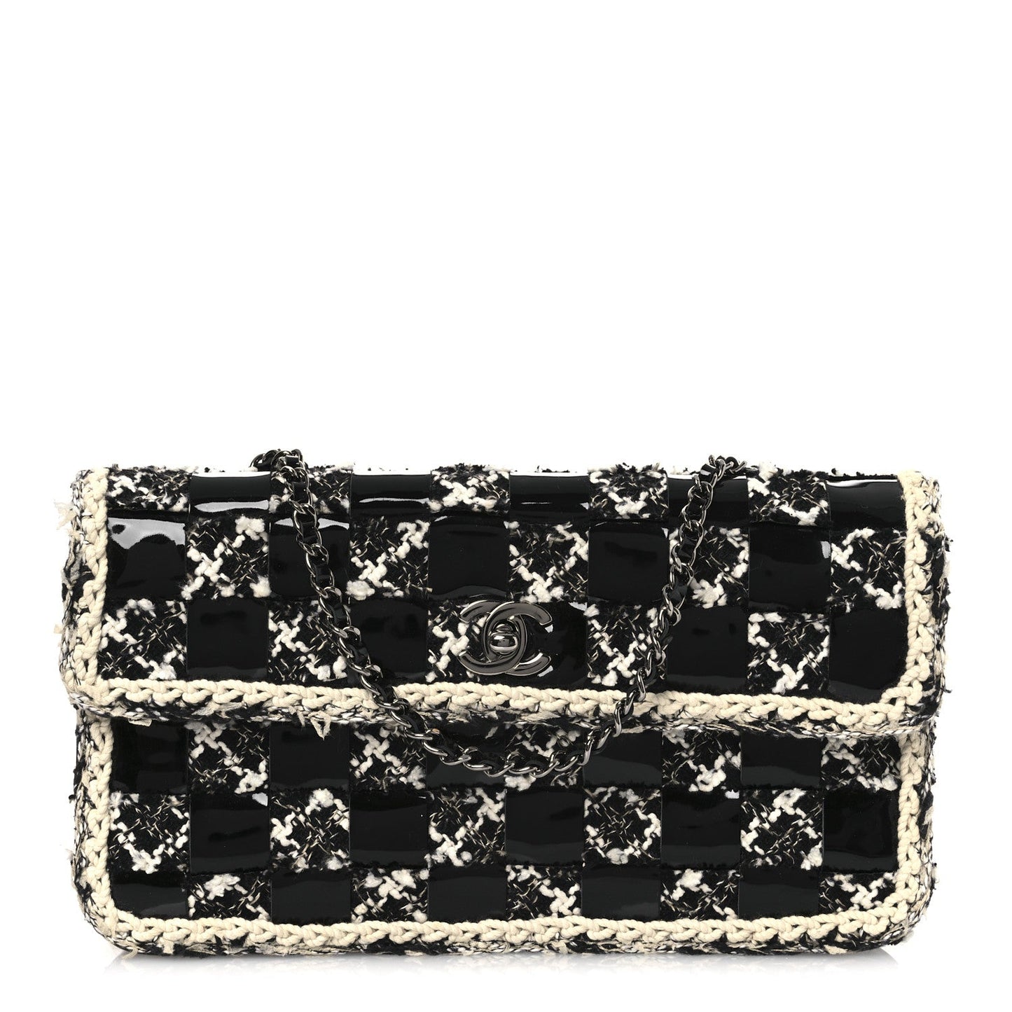 Tweed Patent Quilted Rectangular Flap Black White