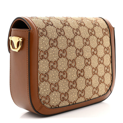 New Canvas Charisma Calfskin Crystal GG Monogram Mini Horsebit 1955 Shoulder Bag Camel Ebony