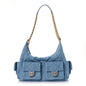 Washed Denim Quilted Large Trendy Pockets Hobo Blue