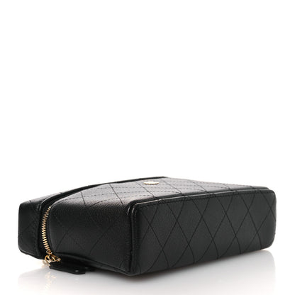 Goatskin Stitched Top Handle Slim Vanity With Chain Black