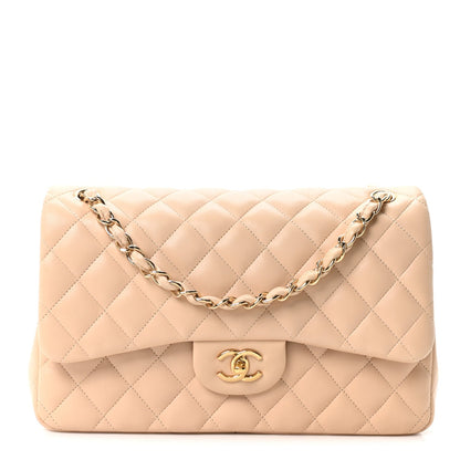 Lambskin Quilted Jumbo Double Flap Beige