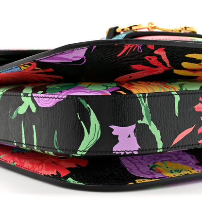 X KEN SCOTT New Shangai Calfskin Jenny Floral Print Horsebit 1955 Shoulder Bag Black Pink