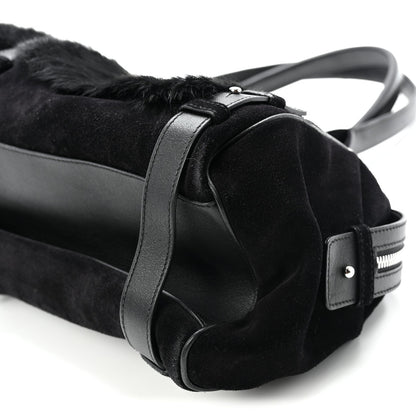 Fur Calfskin Suede Top Handle East West Tote Bag Black