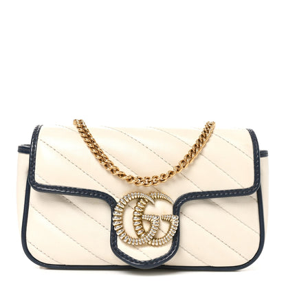 Vintage Effect Calfskin Matelasse Diagonal Super Mini Torchon GG Marmont Shoulder Bag Mystic White Blue Agata