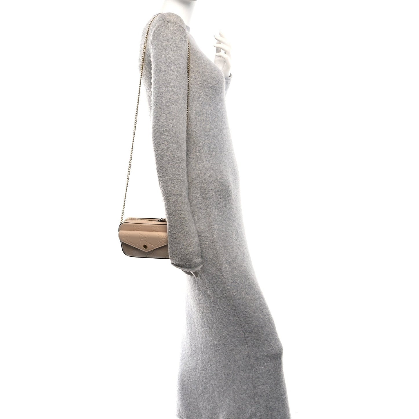 Calfskin GG Super Mini Debossed Chain Wallet Light Beige