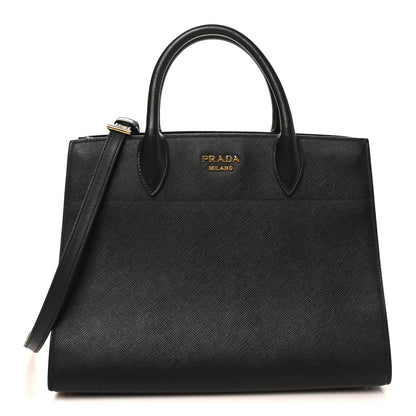 Saffiano City Calfskin Medium Bibliothèque Top Handle Black Fuoco