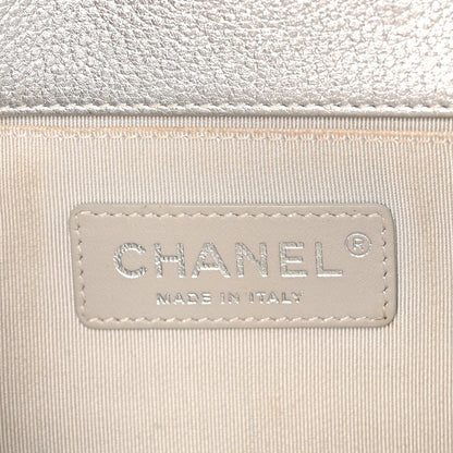 Metallic Calfskin Camellia Quilted Small Boy Flap Silver