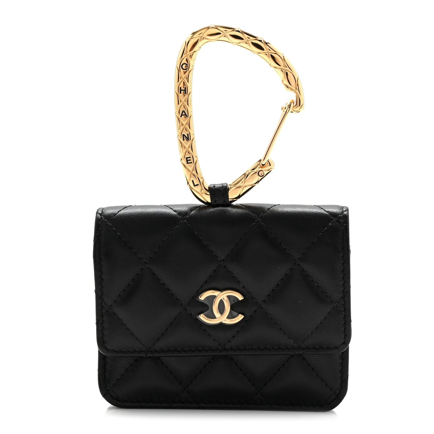 Lambskin Quilted CC Hook Card Holder Black