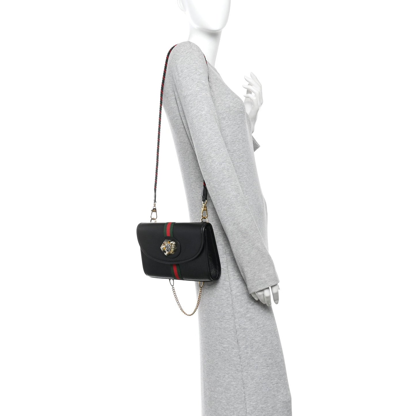 Textured Calfskin Web Small Rajah Slim Flap Shoulder Bag Black