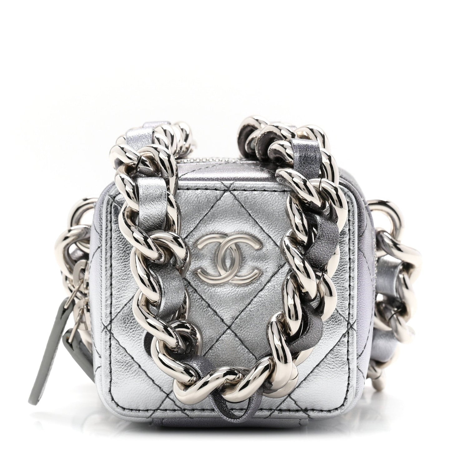 Gradient Metallic Lambskin Quilted Coco Punk Cube Clutch With Chain Silver Black