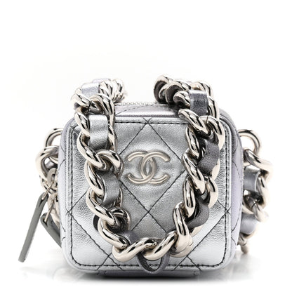 Gradient Metallic Lambskin Quilted Coco Punk Cube Clutch With Chain Silver Black
