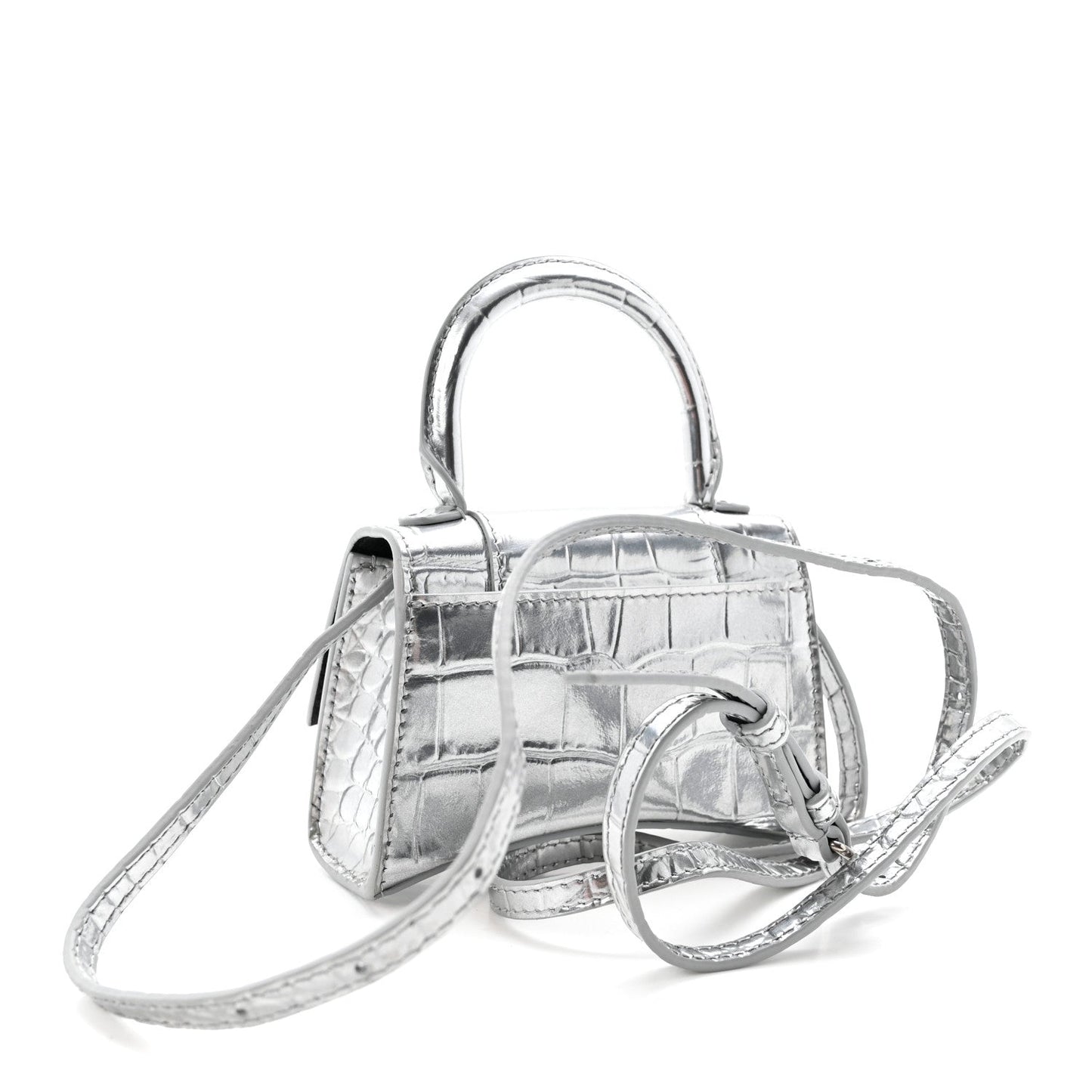 Metallic Calfskin Crocodile Embossed Hourglass Top Handle Bag Mini Silver