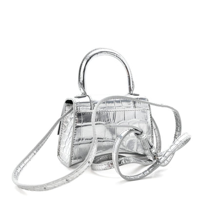 Metallic Calfskin Crocodile Embossed Hourglass Top Handle Bag Mini Silver
