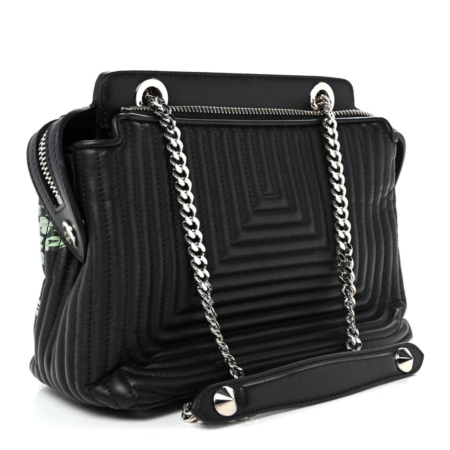 Calfskin Trapuntata Floral Small DotCom Click Chain Satchel Black Multicolor