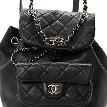 Glazed Aged Calfskin Quilted Small Duma Drawstring Backpack Black
