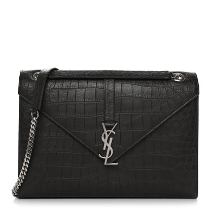 Calfskin Crocodile Embossed Large Monogram Satchel Dark Brown