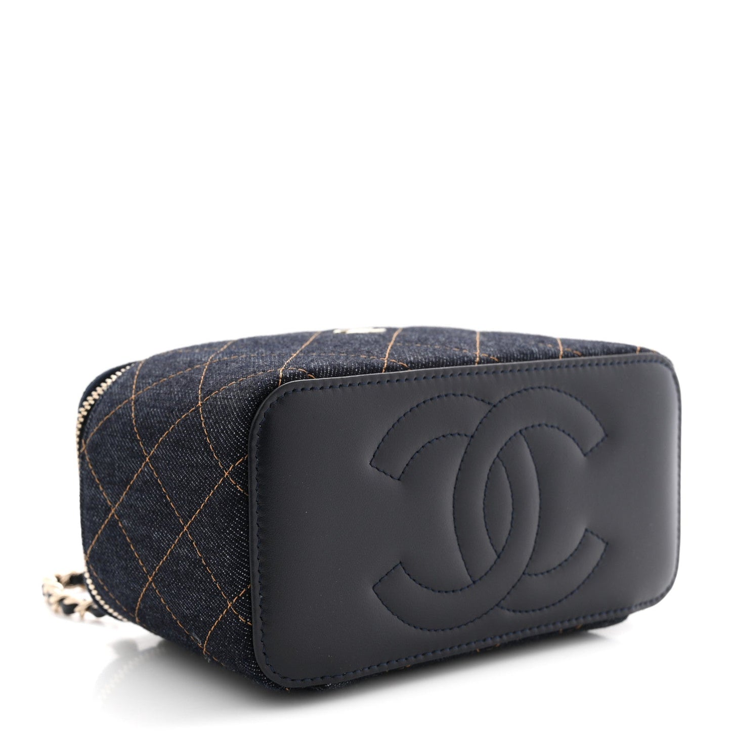 Denim Quilted Vanity Case With Chain Dark Blue