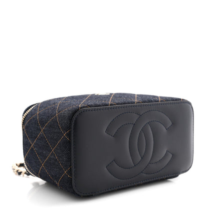 Denim Quilted Vanity Case With Chain Dark Blue
