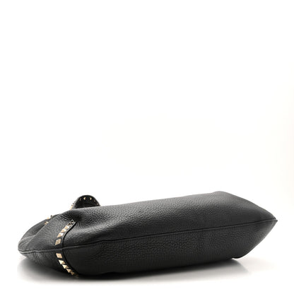 Grained Calfskin Large Rockstud Hobo Black