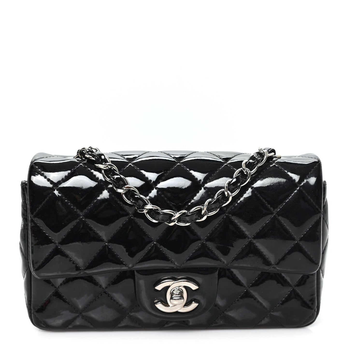 Patent Calfskin Quilted Mini Rectangular Flap Black
