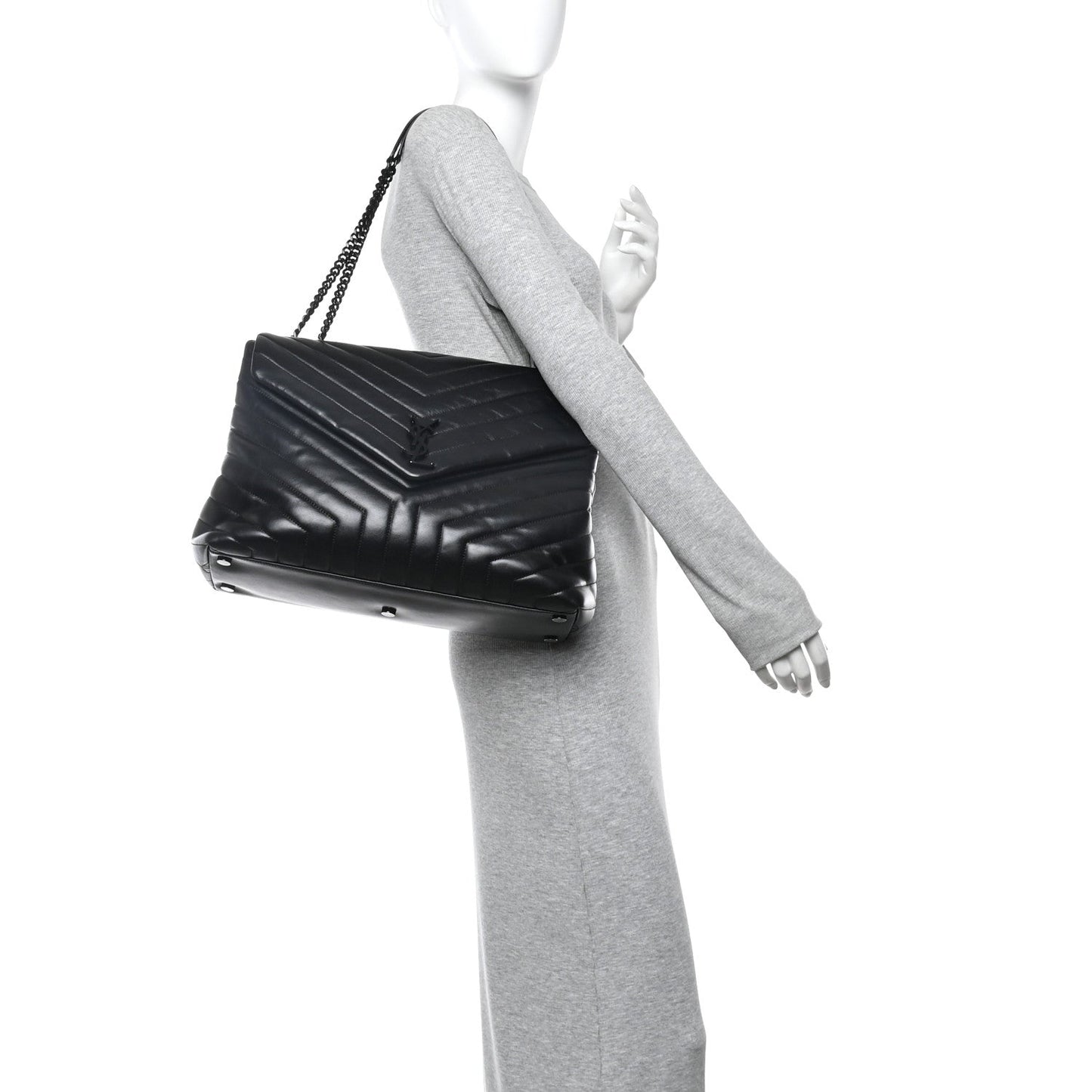 Calfskin Y Quilted Monogram Monochrome Large Loulou Chain Satchel Black