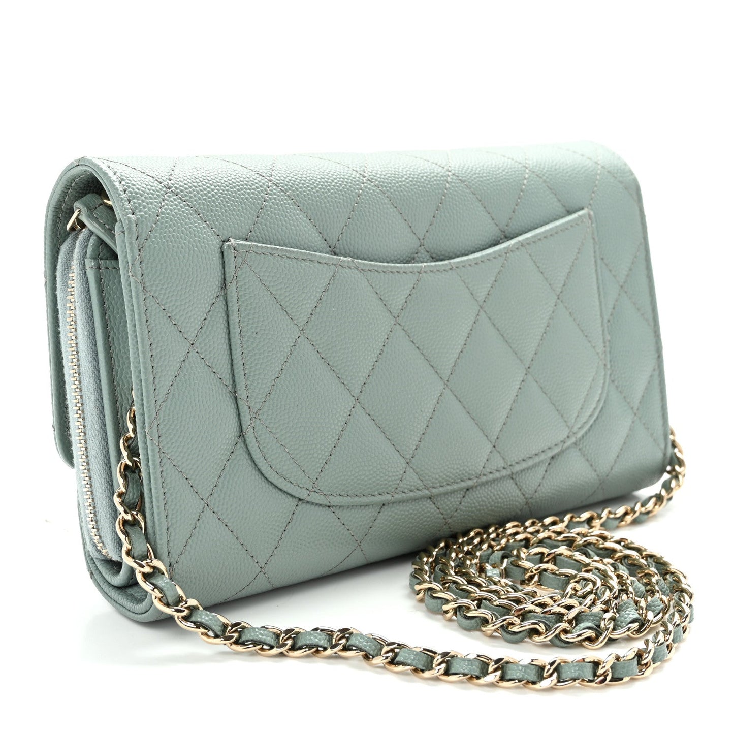 Caviar Quilted Phone Holder Wallet on Removable Chain Light Blue