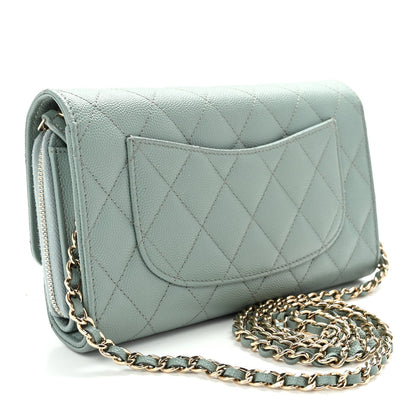 Caviar Quilted Phone Holder Wallet on Removable Chain Light Blue