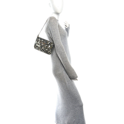 Metallic Patent Calfskin Flower Loubila Chain Clutch Silver