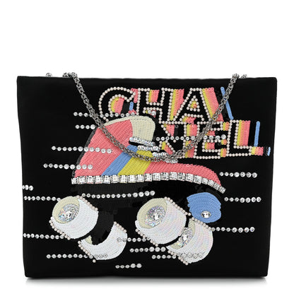 Satin Sequin Pearl Crystal Roller Skate Quilted Clutch With Chain Black Multicolor