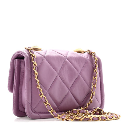 Shiny Lambskin Quilted Extra Mini Flap Purple