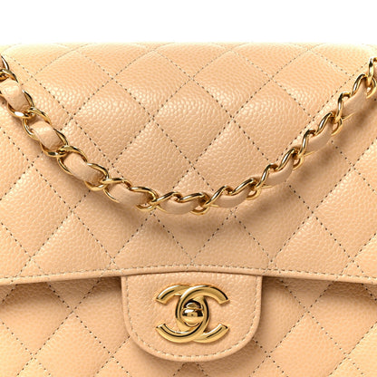Caviar Quilted Medium Double Flap Beige