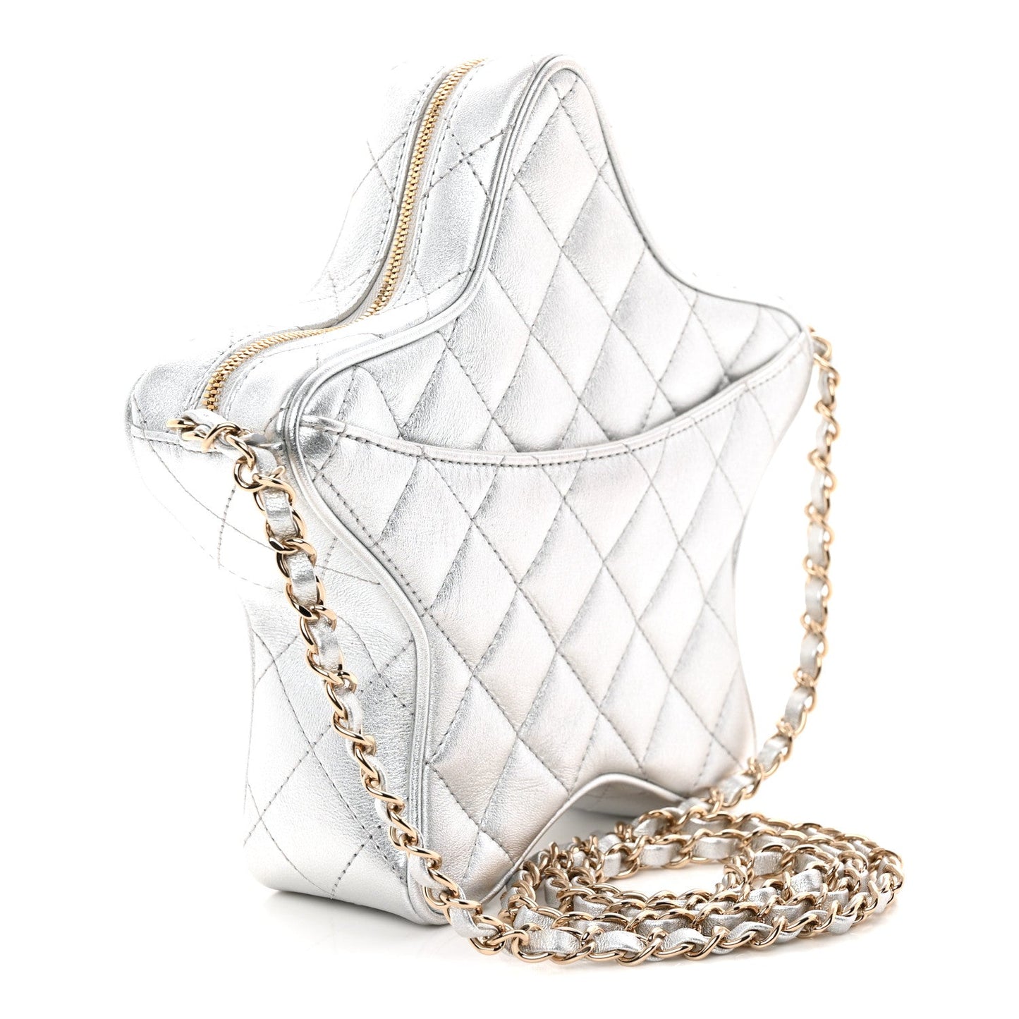 Metallic Lambskin Quilted Walk Of Fame Star Bag Silver