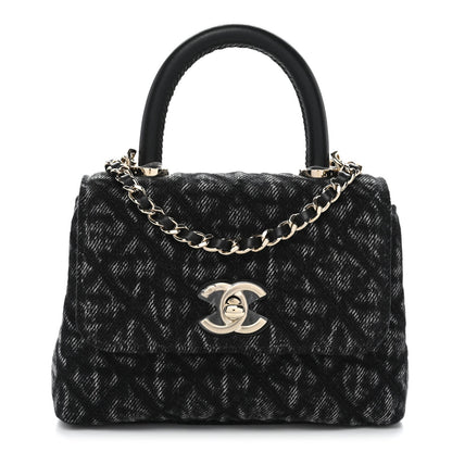 Washed Denim Quilted Coco Handle Clutch With Chain Black