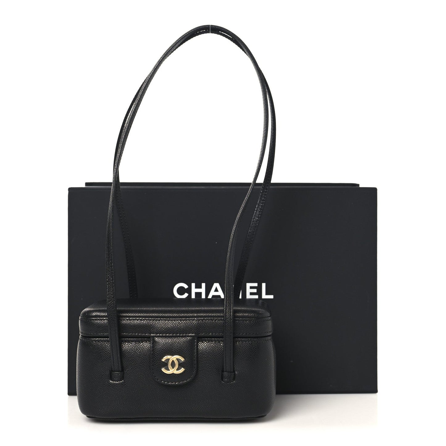 Shiny Caviar Preppy Coco Long Vanity With Strap Black