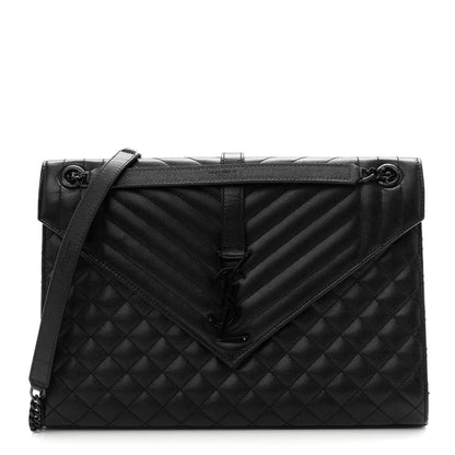 Grain De Poudre Textured Mixed Matelasse Large Triquilt Monogram Monochrome Satchel Black