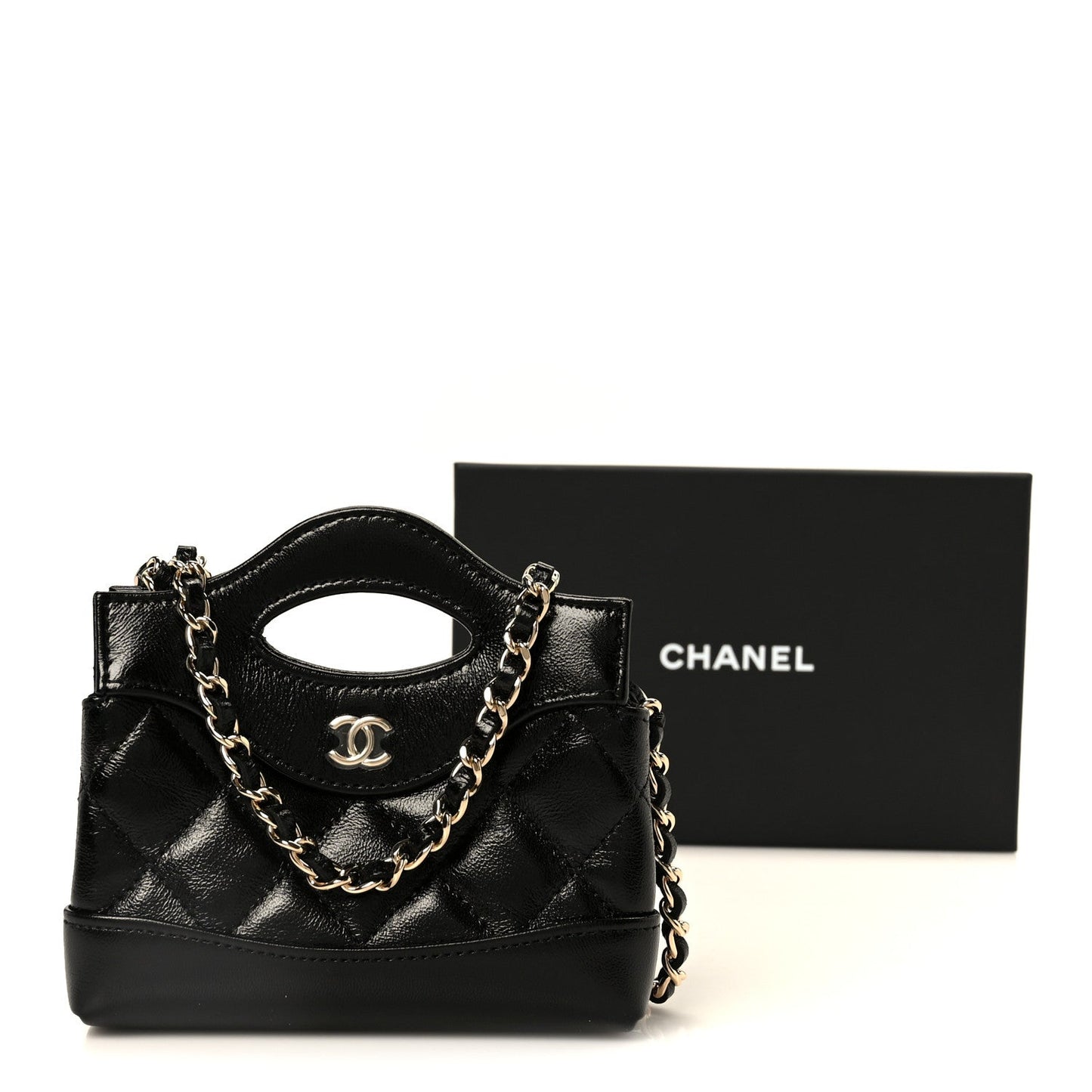 Shiny Lambskin Quilted Micro 31 Clutch With Chain Black
