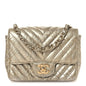 Metallic Crumpled Calfskin Chevron Quilted Mini Square Flap Gold