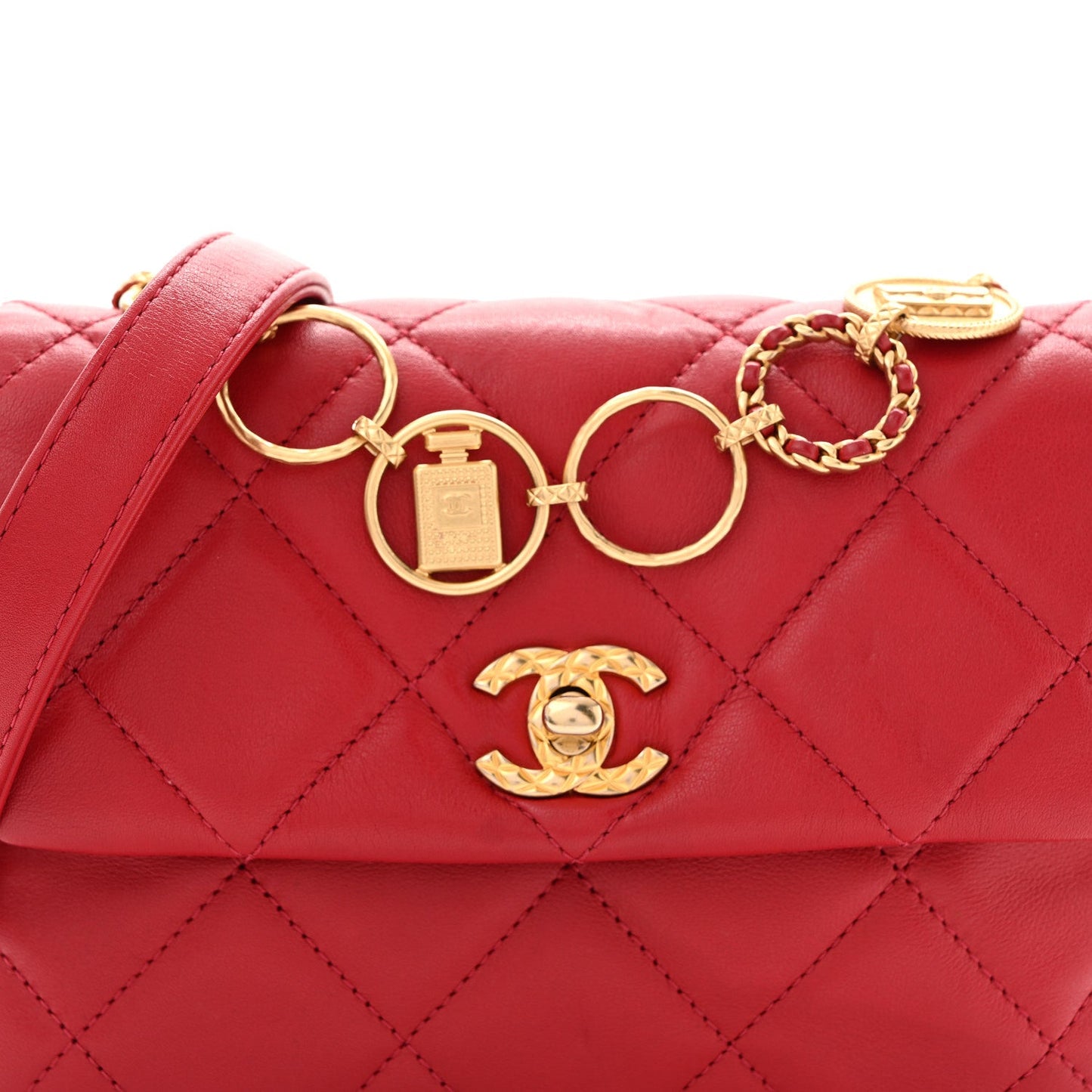 Calfskin Quilted Mini Charms Flap Red