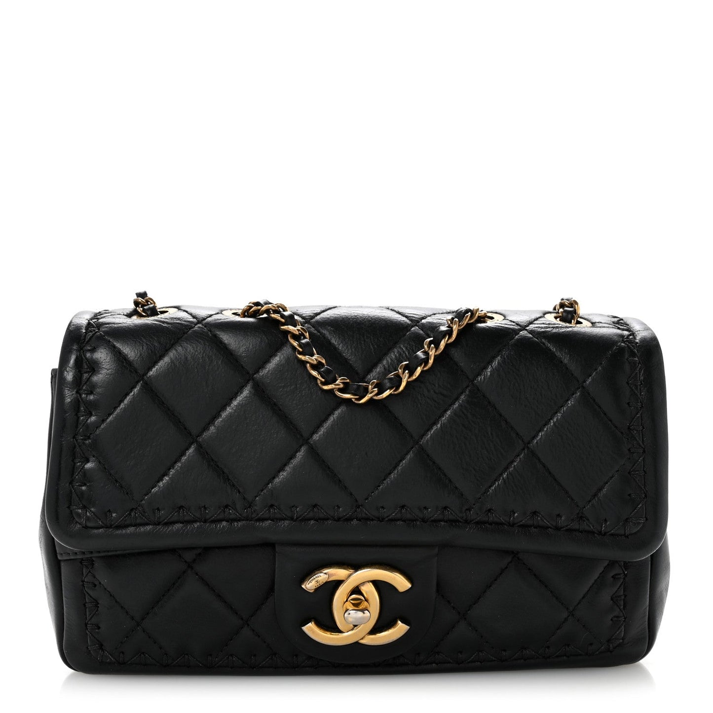 Crumpled Calfskin Whipstich Quilted Single Black