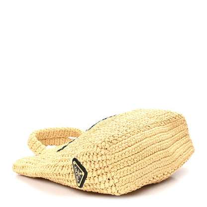 Yarn Raffia Effect Crochet Embroidered Small Logo Tote Naturale