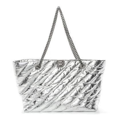 Metallic Crushed Calfskin Quilted Medium Crush Carry All Tote Bag Silver