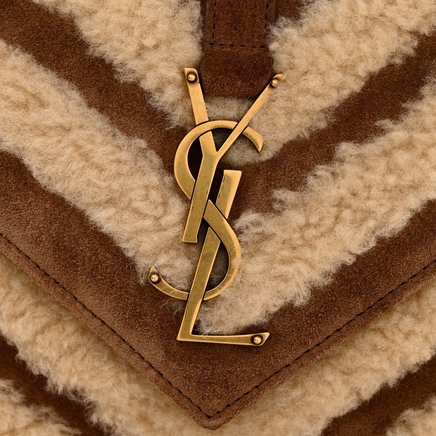 Nubuck Shearling Chevron Monogram Medium College Bag Dark Cigar Natural Beige