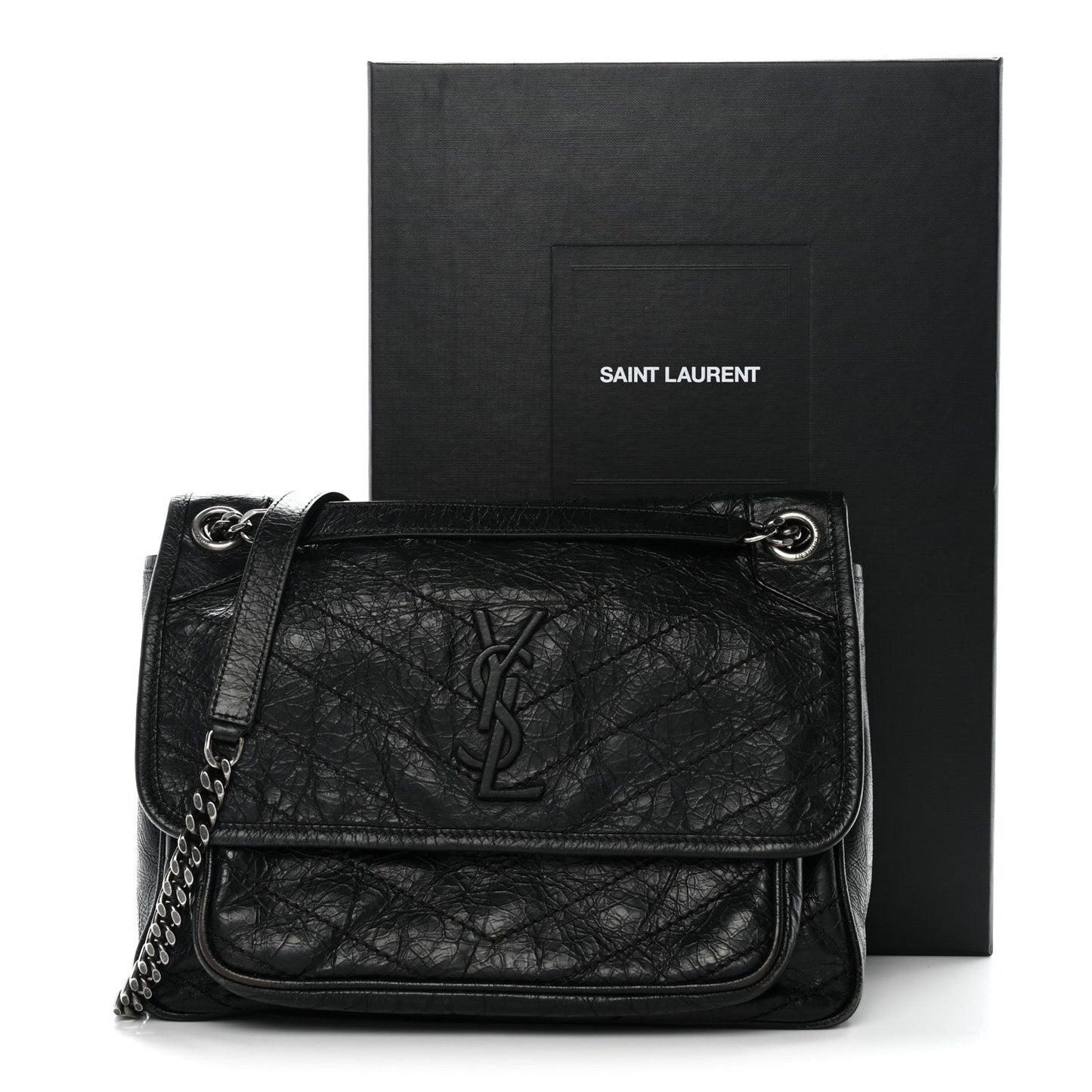 Crinkled Calfskin Matelasse Monogram Medium Niki Chain Satchel Black