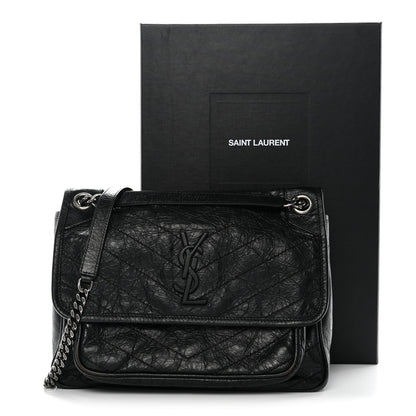 Crinkled Calfskin Matelasse Monogram Medium Niki Chain Satchel Black