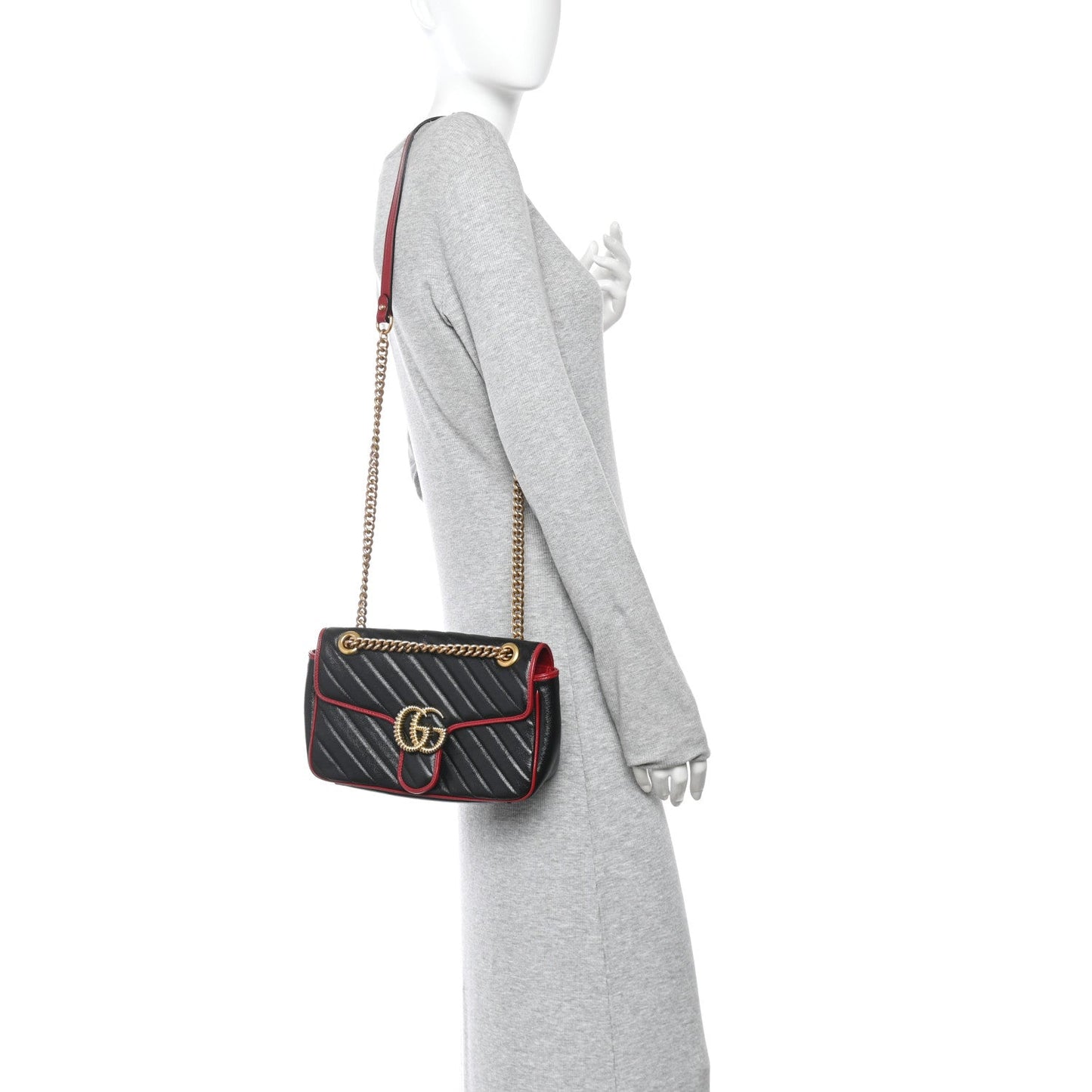 Vintage Effect Calfskin Matelasse Diagonal Small Torchon GG Marmont Shoulder Bag Black Romantic Cherry